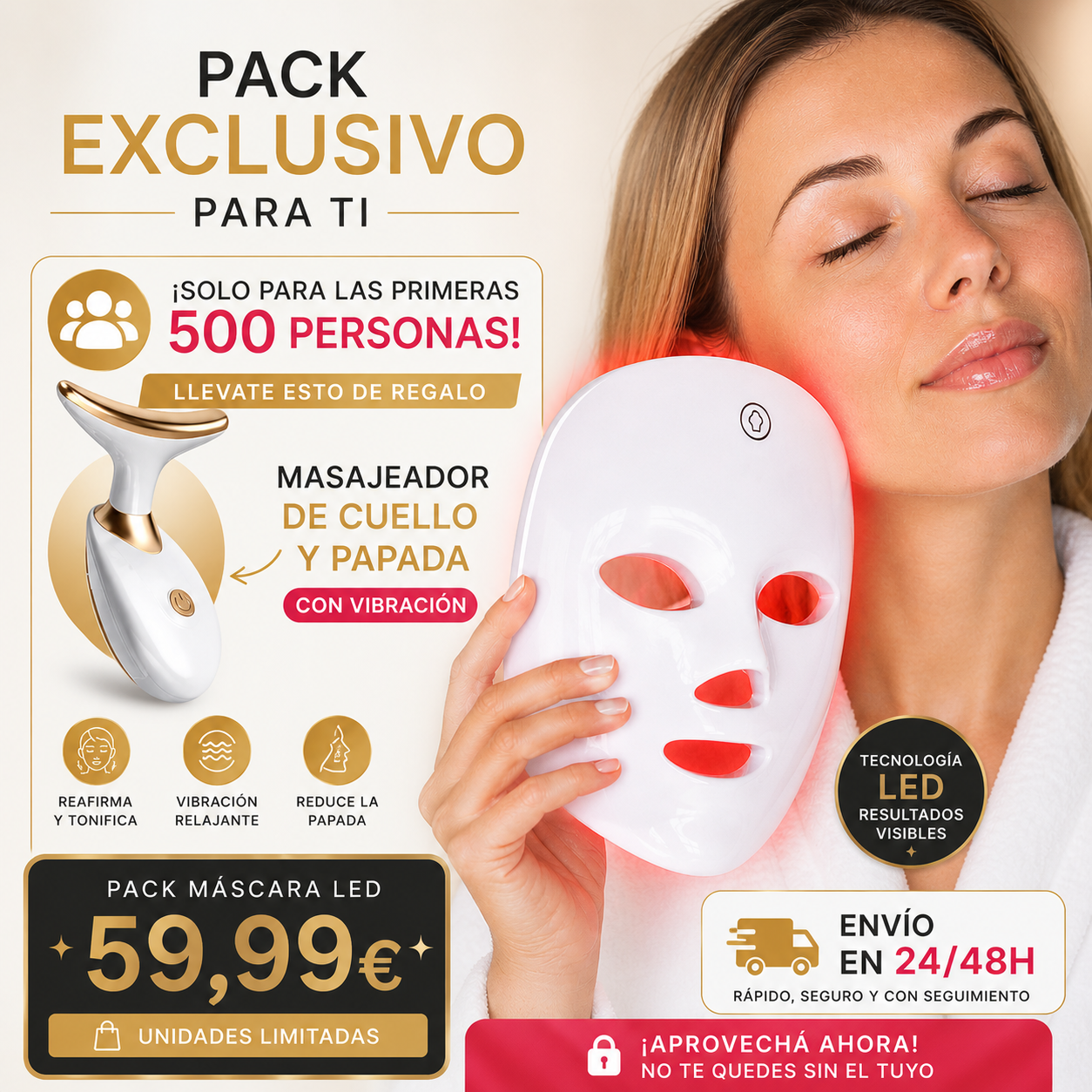 PACK MASCARA FACIAL LED + MASAJEADOR DE CUELLO Y PAPADA CON VIBRACIÓN